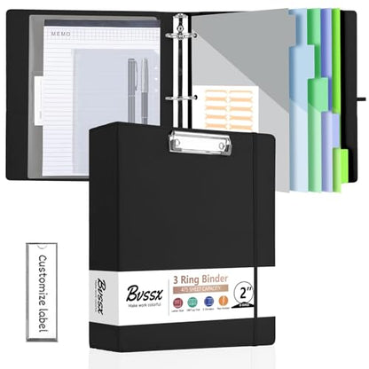 3 Ring Binder with Clipboard,2 Inch Binders with Notepad&5 Dividers with Pockets, Labels,PU Clipboards for School Office(Black,Letter Size) - color: Black, size: Letter Size -2 Inch