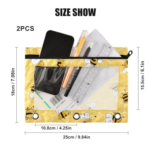 Kcldeci Pencil Pouch for 3 Ring Binder, Bees on The Honey Honeycombs 2 Pack Binder Pencil Pouch with Clear Window Pencil Bags with Zipper Pencil Case for Binder - color: B07