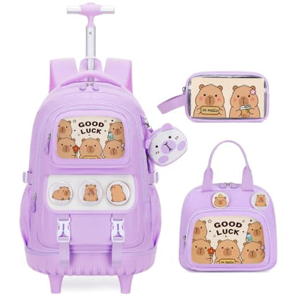 Capybara Rolling Backpack for Girls - 3PCS Girls Backpack Kids Suitcase with Lunch Box & Pencil Case Travel - Capybara Backpack with Wheels for Kindergarten Preschool Elementary (Purple) - color: Purple