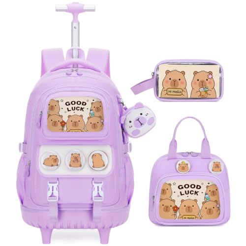 Capybara Rolling Backpack for Girls - 3PCS Girls Backpack Kids Suitcase with Lunch Box & Pencil Case Travel - Capybara Backpack with Wheels for Kindergarten Preschool Elementary (Purple) - color: Purple