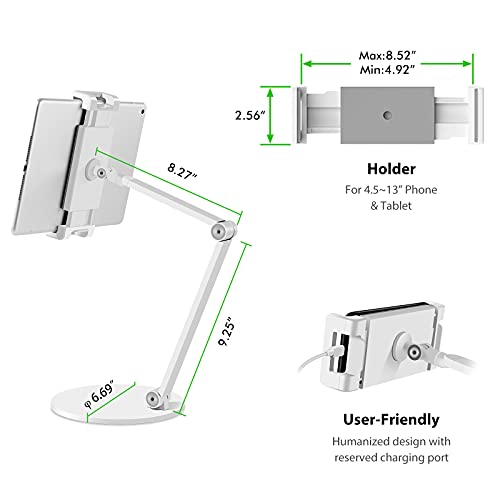 Viozon Tablet Stand Holder Mount, Rotate 360 Degrees of Flexible, Height and Angle Adjustable, High-Grade Aluminium Alloy Long Arm Compatible with 4.5-13 Mobile Phone and Tablet, iPhone, iPad(White)