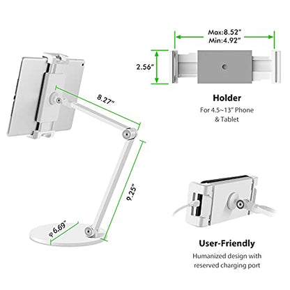 Viozon Tablet Stand Holder Mount, Rotate 360 Degrees of Flexible, Height and Angle Adjustable, High-Grade Aluminium Alloy Long Arm Compatible with 4.5-13 Mobile Phone and Tablet, iPhone, iPad(White)