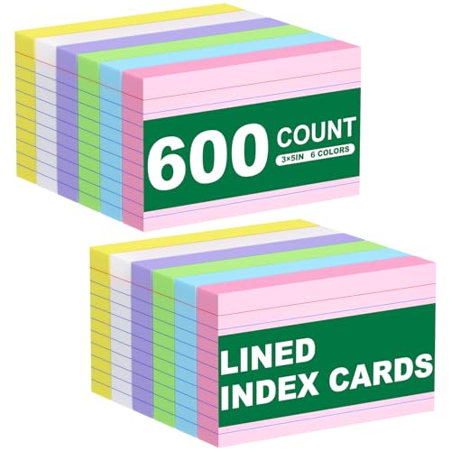 600 Count Colored Index Cards 3x5 in Ruled Flash Cards for Studying, 12 Pack of 50, Multilcolor Notecards Lined Flash Cards Bulk, Neon Flashcards Note Cards, 3x5 Index Cards for School, Home, Office - color: Multicolored-3x5-600