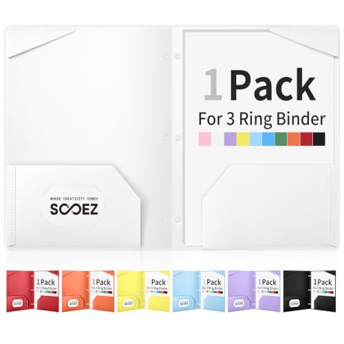 Sooez 2-Pocket Folders, Plastic Folders with Pockets 3 Hole Punched | 1 Pack Pockets Folder for 3 Ring Binder with Labels, Heavy Duty Binder Folder for Document, Letter Size File Folder,White - color: White, size: 1 Pack