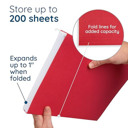 25 Blue Summit Supplies Red Hanging File Folders Letter Size – Durable 11pt Paper, Plastic Tabs and Inserts Included, Fits Standard Filing Cabinets and Desktop Organizers - color: Red