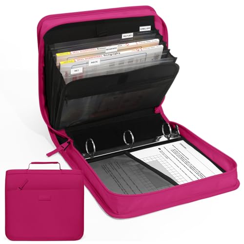 SUNEE Zipper Binder with Handle, 1.5 Inch O-Ring, 325 Pages Capacity, with 5-Tab Expanding File Folder for Classified Storage, Small Size Lightweight Zipper Bag for Middle School Students, Berry Pink - color: Berry Pink