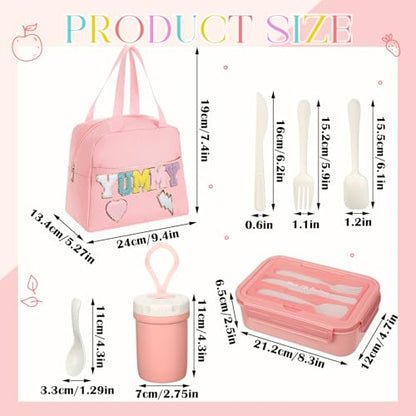 Dandat Preppy Lunch Bag for Women Girl Pink Preppy Lunch Bag Bento Box with Compartments and Soup Cup for Girls Adults Teens School Travel Picnic