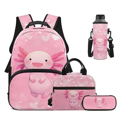 17 Inch Kid's 4PCS Backpack Set, Back to School Essentials | Insulated lunch box, water bottle pouch, pencil case, lightweight, padded shoulder straps, for elementary, middle school - color: Cute Axolotl-2