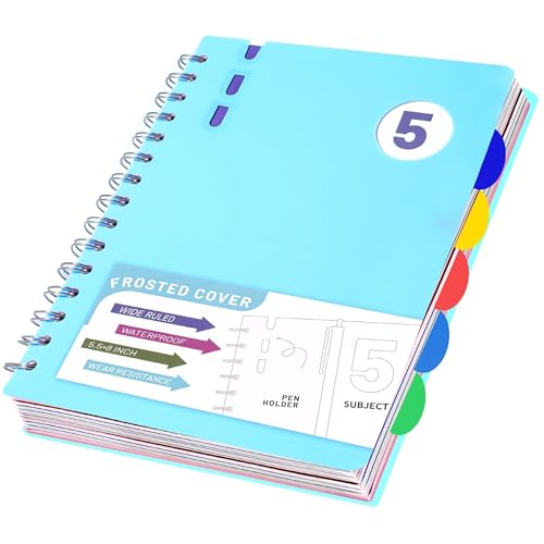 FLYING EAGLE 5 Subject Notebook Wide Ruled Spiral Notebook 5x7, A5 Small Notebook with Remoable Dividers, Hardcover Notebooks for Work, 204 Pages Lined Journal for Women,Teal Blue - color: D.Blue, size: A5(5.5x8in)-1 Pack