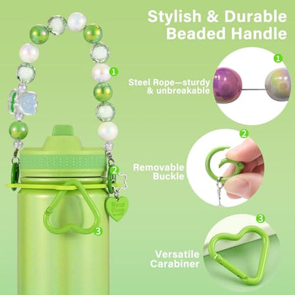 Mininoo Kids Water Bottle for School - 16 oz Stainless Steel Insulated Water Bottle with Ceramic-Lined, Leakproof Straw Lid & Beaded Handle for Girls & Boys - color: Sparkle Lemon