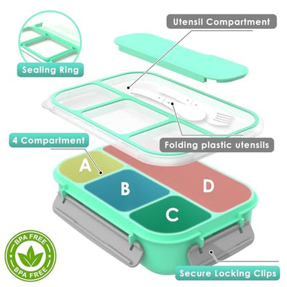 WHALEHOUSE Bento Lunch Box, 1300ML 4 Compartments Meal Prep Container with Utensil, Airtight Food Storage Container with Snap Locking Lids, Microwave/Dishwasher/Freezer Safe, On the Go - color: 1300mL-Green