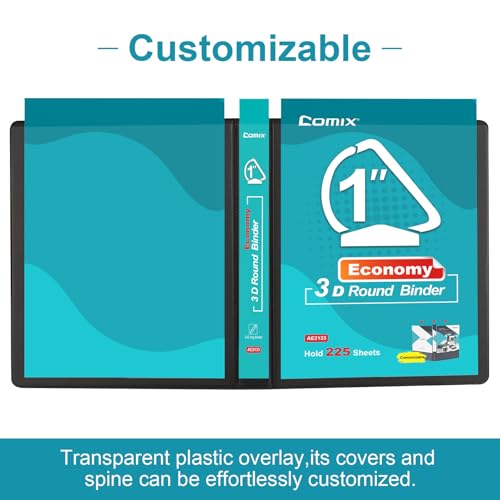 COMIX 3 Ring Binder,1 inch Slant-D Clear View Cover with Pockets, Holds 225 Sheets of US Letter Size Paper, Black Binder for School Office and Home, 12 Pack
