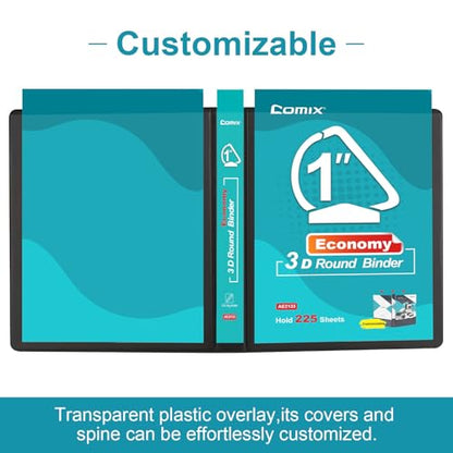 COMIX 3 Ring Binder,1 inch Slant-D Clear View Cover with Pockets, Holds 225 Sheets of US Letter Size Paper, Black Binder for School Office and Home, 12 Pack