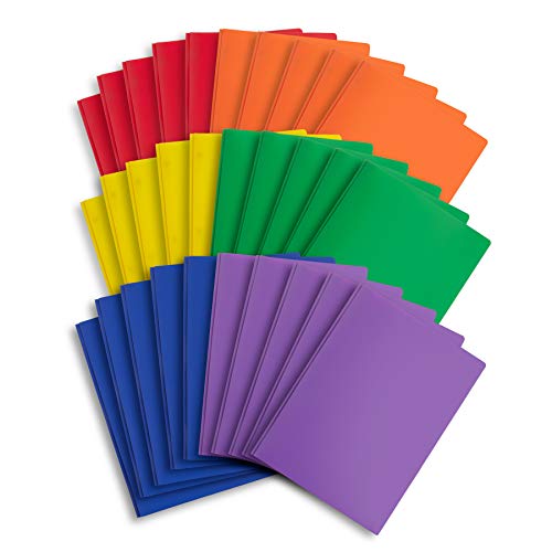 Blue Summit Supplies 30 Plastic 2 Pocket Folders with Prongs, Assorted | Durable 0.35mm poly, 2 pockets, for school, office, and report organization