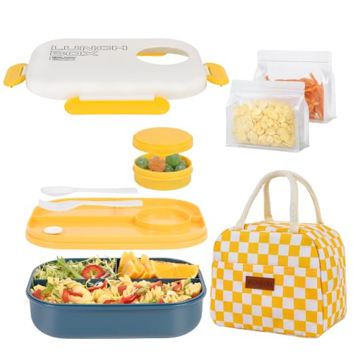All-in-one lunch box for school kids, teens, students & girls. (Yellow) | Includes insulated bag, utensils & sauce cup. BPA-free, microwave & dishwasher safe. Great for school, work & travel. - color: Yellow