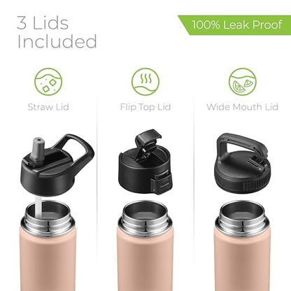 SipX™ 18 oz Insulated Water Bottle with 3 Lids – Leakproof Stainless Steel, Triple Insulated – Cold 24 Hours/Hot 12 Hours – Durable Bottle for School, Gym, Travel – Pink - color: Peach, size: 18 Ounces