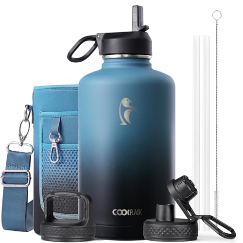 Coolflask Water Bottle 87 oz with Straw, 2/3 Gallon Insulated Stainless Steel Large 3 Lids Big Water Jug for Sports or Office, Non-BPA Keep Cold Up to 48 Hrs or Hot Up to 24 Hrs, Samurai Cyan | 2/3 Gallon Large Water Jug, Triple-Wall Vacuum, Cold 48+h/Hot