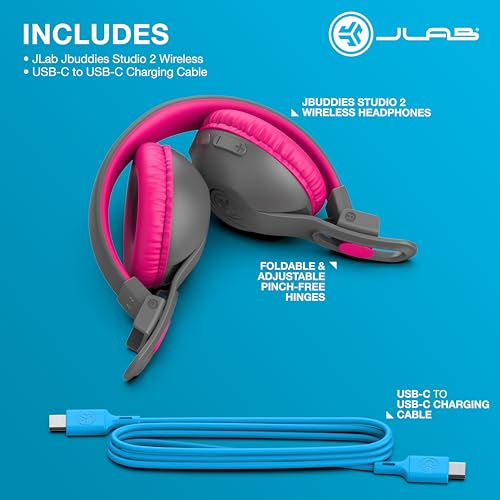JLab, JBuddies Studio 2, Kids Headphones, Wireless Bluetooth On Ear, Volume Limiting, Foldable, Grey/Pink