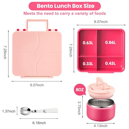 Bento Lunch Box for Kids with 8oz Soup Thermo,Kids Leakproof Lunch Food Containers with 4 Compartment,Kid Insulated Thermo Hot Food Jar for School,Trvael-Pink - color: Pink