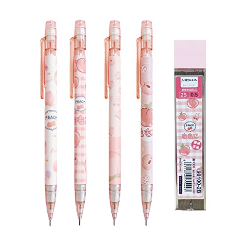 MOZXIRZ 4 Pcs Cute Mechanical Pencils with Eraser 0.5mm Cartoon Peach Mechanical Pencil School Pencil for Women (4pcs Peach + Refill) - color: 4pcs Peach + Refill