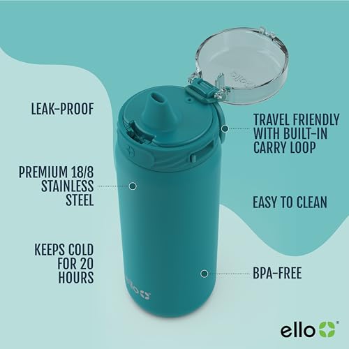 Ello Cooper 18oz Kids Stainless Steel Water Bottle with Straw and Carry Handle, Double Walled and Vacuum Insulated Metal, Leak Proof Locking Lid with Soft Silicone Spout, Reusable, BPA Free, Antigua - color: Antigua, size: 18 Ounces