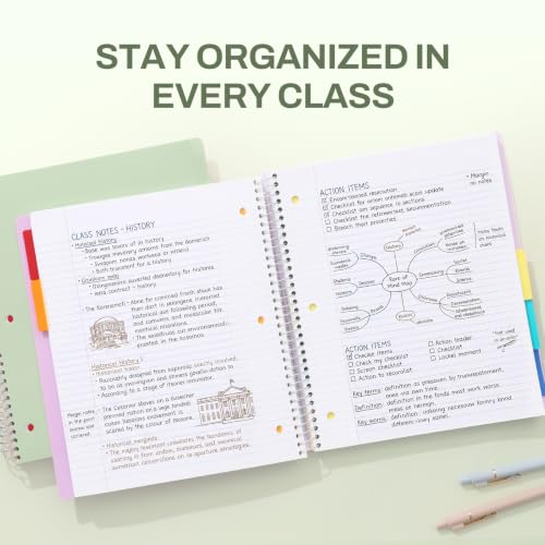 SUNEE 5 Subject Notebook College Ruled - 200 sheets (400 Pages), 9"x11", 5 Pocket Colored Dividers, 3-Hole Punched Paper, Sage Green - color: Sage Green, style: College Ruled