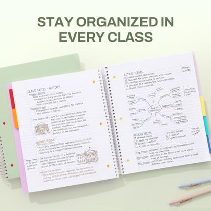SUNEE 5 Subject Notebook College Ruled - 200 sheets (400 Pages), 9"x11", 5 Pocket Colored Dividers, 3-Hole Punched Paper, Sage Green - color: Sage Green, style: College Ruled