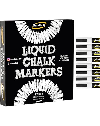 Bandle B. Chalk Markers - 8 White, Erasable, Non-Toxic, Water-Based, Reversible Tips, Crisp White For Kids and Grown-Ups for Glass and Chalkboard Markers for Businesses, Restaurants (6mm) - color: White - 8 pack