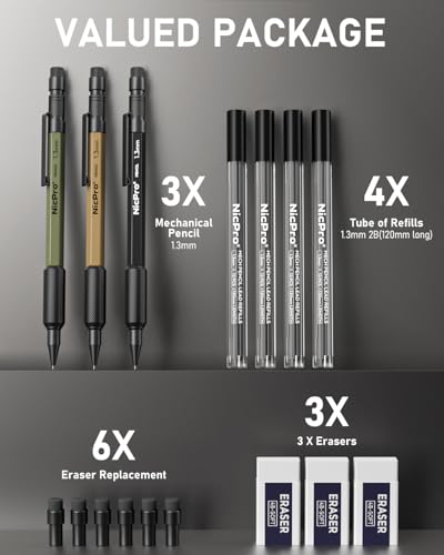 Nicpro 3 PCS 1.3 mm Mechanical Pencil Set 3 Colors with 48 Lead Refill, 3 Eraser - Weatherproof Metal MP2000 Heavy Duty Carpenter Pencil for Outdoor Marking Drafting Drawing Woodworking - style: 3 Pack (Black Green Brown)