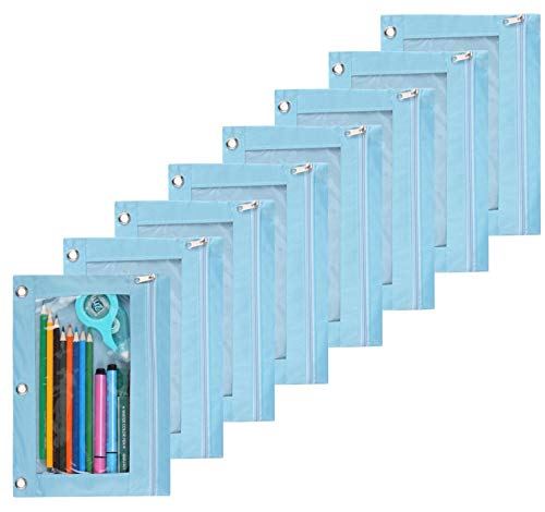 Zippered Pen Pencil Binder Pouch | 3 Rings with Clear Window for School Classroom Organizers 8 Pcs (Light Blue) - color: Light Blue