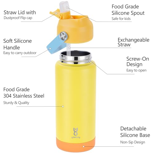 18oz Kids Insulated Water Bottle with Straw Lid & Silicone Handle,Kids Leak Proof Water Bottle for School Boys Girls,Double Wall Vacuum Stainless Steel with Non-slip Silicone Base(Yellow) - color: Yellow, size: 18 Ounces