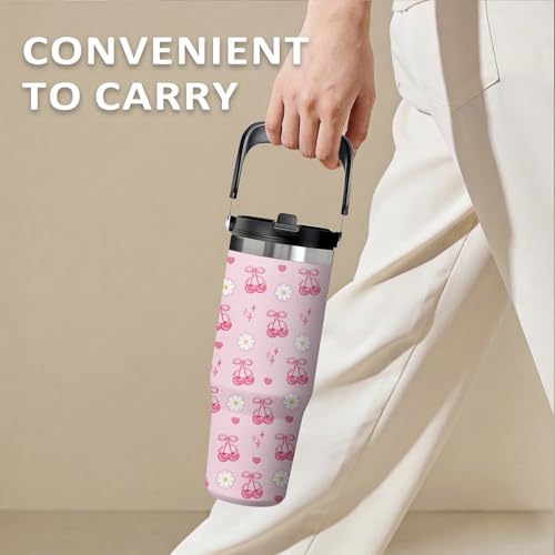 Pink Cherry Tumbler 30oz with Handle - Stainless Steel Insulated Cup, Leakproof Water Bottle with Cherry Design for Women & Girls, Perfect Birthday Christmas Gift - color: Pink cherry, size: 30 Ounces