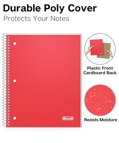 Dunwell 1 Subject Spiral Notebook (Red), Plastic Cover, 100 Sheets (200 Pages) 8x10.5 Paper, Wide Ruled for Easy Writing, 3-Hole Punched Perforated Pages, Poly Pocket Dividers - color: Red