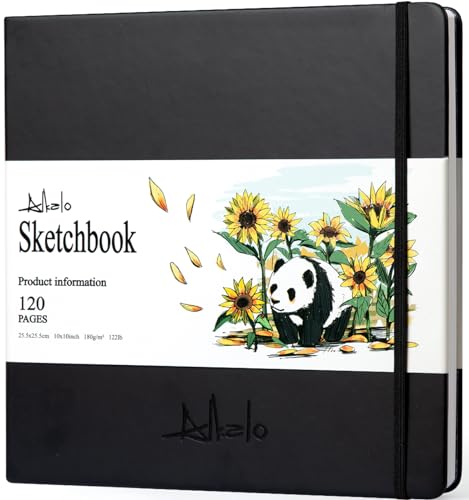 Square Sketchbook for Drawing, 120 Pages Sketch Book, 122LB/180GSM Thick Paper, Mixed Media Sketchbook for Charcoal Pencil, Inks Pen, Colored Pencil, Acrylic Marker, Oil Pastel - color: Back, size: Large (10×10INCH)