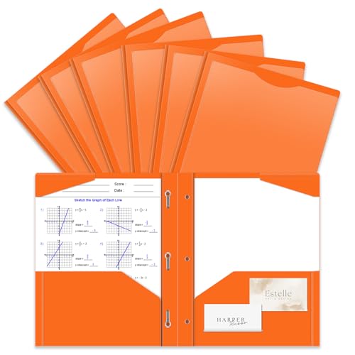 6 Pack Heavy Duty Plastic Pocket Folder with Prongs and Clear Front Pocket, 3 Pockets Folders with 3 Prongs and 2 Card Slot, Orange File Folders Fit Letter Size Paper for Office School Home Business - color: Orange