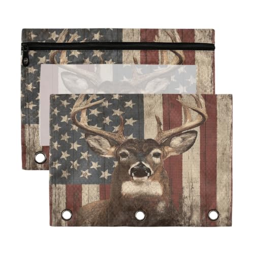 Kcldeci Pencil Pouch for 3 Ring Binder, Deer American Flag 2 Pack Binder Pencil Pouch with Clear Window Pencil Bags with Zipper Pencil Case for binder - color: A09