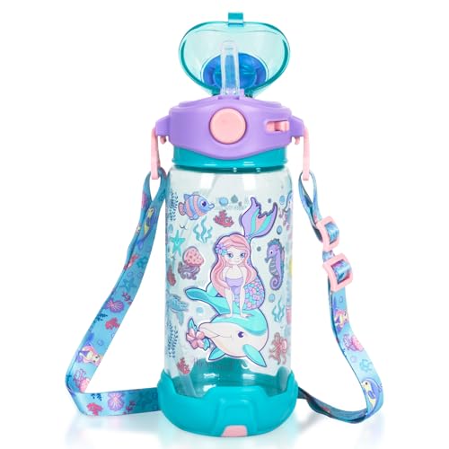 Kids Water Bottle with Straw/Lanyard for School Kids Girls Boys, 22oz BPA Free Child Drinking Water Bottle One-Click-Open Leak-Proof Locking Flip Lid for School Sport Travel - color: H03. Mermaid