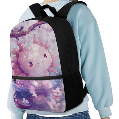 Cherry Blossom Axolotl Backpack for Girls Kids Backpack with Lunch Box Water Bottle Pouch and Kawaii Pencil Case 4PCS Set Cute Bookbag with Front Pocket 17" School Bag for Elementary Girls - color: Cute Cherry Blossom Axolotl