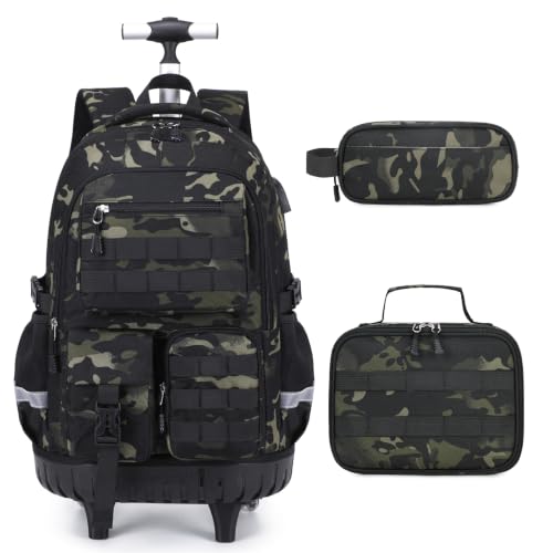 DIGOBAY Camo Rolling Backpack for Boys, 3PCS Tactical Kids Rolling Backpack Set with Lunch Bag & Pencil Case, Boys Wheeled School Bookbag for Elementary, Middle, High School - color: Camouflage Black/Gray