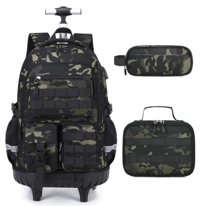 DIGOBAY Camo Rolling Backpack for Boys, 3PCS Tactical Kids Rolling Backpack Set with Lunch Bag & Pencil Case, Boys Wheeled School Bookbag for Elementary, Middle, High School - color: Camouflage Black/Gray