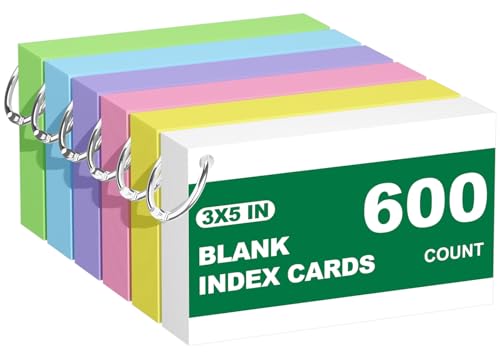 Blank Index Cards with Ring, 600PCS Blank Notecards 3 x 5 Flashcards for Studying，Unruled Flash Note Cards 3 x 5'' Unlined Index Cards Bulk for College Nursing School Supplies,12 Pack of 100, Colored - color: Blankcolors-3x5-600 w/r