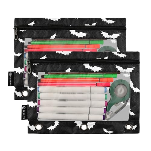 2 Pack 3 Ring Binder Pencil Pouch Halloween Bats Gothic Pencil Case Pencil Bags with Zipper, Clear PVC Binder Pockets for Office Daily Supplies - color: Color 12