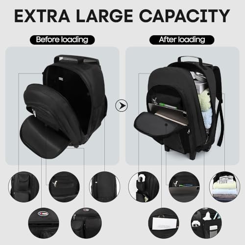20" 2-in-1 Rolling Backpack,Backpack for Travel w/Wheels | Trolley Suitcase w/Telescopic Handle,Lightweight,Durable, Travel-Friendly, Unisex,2560-20''-Black - color: JH-2560-Black-20