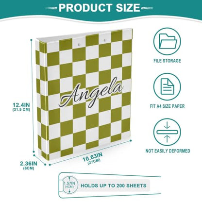 Custom 3 Ring Binder 1.5 Inch Round Rings Olive Checkered Personalized Name Binders Organizer Fashion View Binder with 2 Pockets for School Office Supplies - color: Multi14