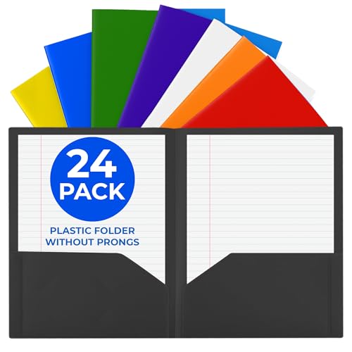 24 Pack Assorted Colors Plastic Folders with Pockets Heavy Duty. 2 Pocket Folder no Prongs Bulk. Tear-Resistant Letter Size 8.5x11. Presentation Ready School and Office Supplies - color: Assorted, style: No Prongs