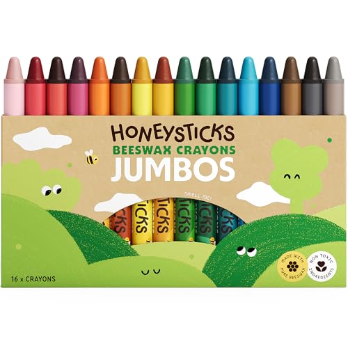 Honeysticks Jumbo Crayons (16 Pack) - Non Toxic Crayons - 100% Pure Beeswax and Food Grade Colors - 16 Bright Colors - Large, Easy to Hold and Use - Preschool Art Supplies for Toddlers/Kids 3-5, 4-8 - size: 1 Count (Pack of 16)