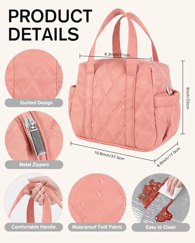 Quilted Puffer Lunch Bag for Women, Insulated Lunch Tote with Foil Lining, Leak-Resistant Reusable Lunch Cooler Bag, Roomy Soft Lunch Box for Work, School, Picnic and Travel (Dark Pink) - color: Dark Pink