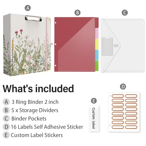 3 Ring Binder 2 Inch for Letter Size 8.5" x 11" Paper, Clipboard Binder with 5 Tabbed Dividers with Pockets, Plastic Folder and 40 Divider Stickers, School and Office Supplies, Garden Flowers - color: Garden Flowers, size: 2 Inch