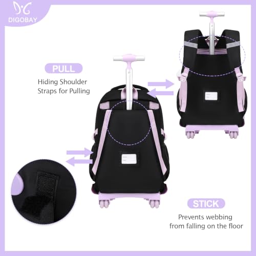DIGOBAY Rolling Backpack for Girls, Girls Roller Backpack with Lunch Bag and Pencil Case, School Bookbag with Wheels for Elementary Middle High School Travel, Black Purple - color: Black and Purse