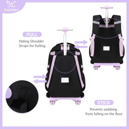 DIGOBAY Rolling Backpack for Girls, Girls Roller Backpack with Lunch Bag and Pencil Case, School Bookbag with Wheels for Elementary Middle High School Travel, Black Purple - color: Black and Purse